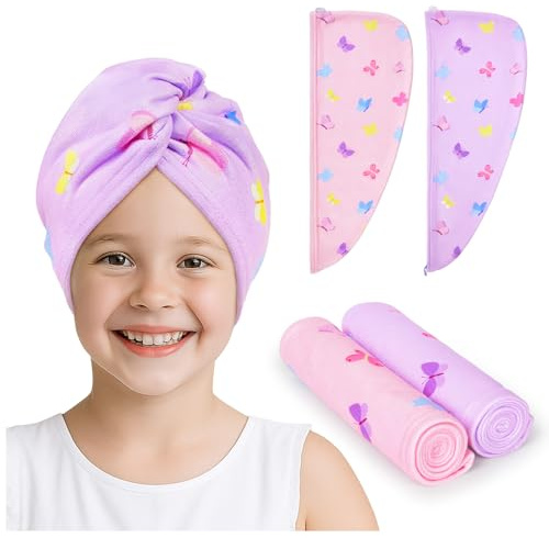 Unicorn Castle 2 Pack Kids Microfibre Hair Towel Wrap, Absorbent | Rapid Drying Hair Turban with Button for Kids, Ideal for Daily Baths, Swimming, Travel and Wet Hair Care