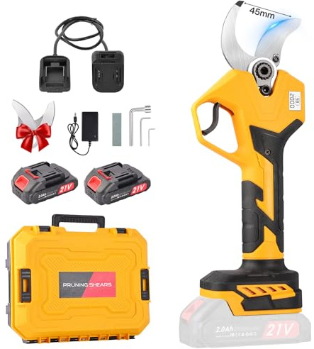 Sécateur électrique de 45 mm : Sécateur à batterie avec 2 batteries de 2000 mAh, taille-haies avec affichage numérique pour le jardinage, les arbustes, les vignes, les oliviers et l'agriculture