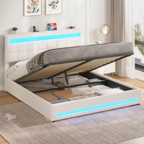 AOGLLATI Polsterbett 160x200 cm mit Ladestation & LED-Beleuchtung,Doppelbettgestell mit Stauraum Kopfteil & Lattenrost, Schwebender visueller Effekt,Modern Bettgestell Leinen, Ohne Matratze, Beige