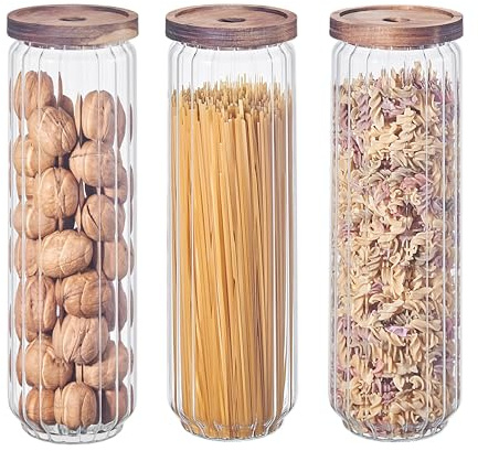 Eden & Willow Ribbed Airtight Glass Kitchen Storage Jar with Acacia Wooden Lid - Pantry Organisation Canisters for Coffee, Tea, Sugar, Flour, Pasta, Spices, Grains, Oats (3, 1500ml)