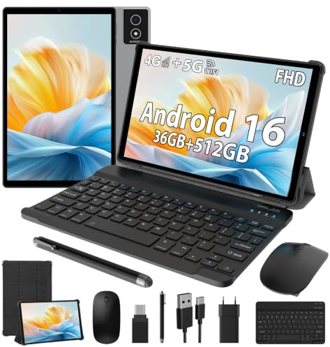 LEVIRTU Android 16 Tablet 10,4 Zoll 2K FHD, Octa-Core 2,0 GHz, 36GB RAM+512GB ROM (bis 2TB TF), 4G LTE+5G WLAN, 8000mAh, 13MP+8MP, GPS, BT5.0, Gesichtserkennung, mit Tastatur & Maus, Grau