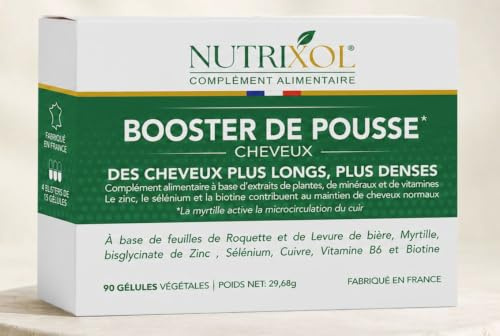 NUTRIXOL - Pousse Croissance & Fortification des cheveux - Complément Alimentaire - Roquette, Biotine, Zinc, Cuivre, Sélénium, Vitamine B6 - Fabriqué En France - Programme 3 Mois - 90 Gélules