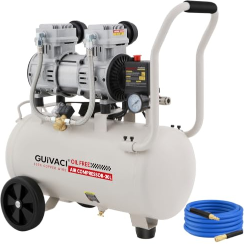 Compressore silenzioso da 30 l, 1600 W/2,15 CV, 8 bar, 256 l/min, 68 dB, con ruote e tubo, compressore silenzioso per officina, auto e verniciatura