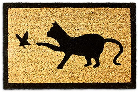 Relaxdays Fußmatte Kokos Motiv KATZE 40 x 60 cm Kokosmatte mit rutschfester PVC Unterlage Fußabtreter aus Kokosfaser als Schmutzfangmatte und Sauberlaufmatte Fußabstreifer für Außen und Innen, braun