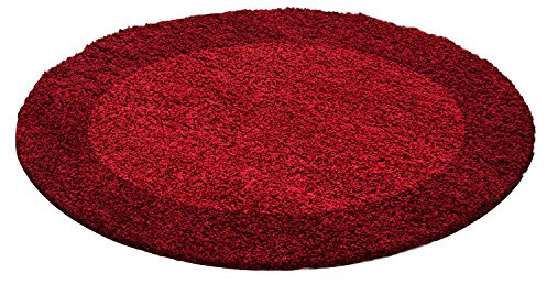 Carpettex Hochflor Teppich Wohnzimmer Shaggy Flokati Teppich Modern Bordüre Design 200 cm Rund Rot - Teppich Schlafzimmer Weich Flauschig Waschbar Teppich Küche Esszimmer - Langflor Teppiche