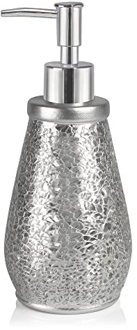 Deblanch | Dispensador dosificador jabón de Manos | Serie Trencadis | Color Plata y Cromo | Resina | 360ml | para baño, Cocina, Ducha | 8.5 cm ∅ x 20 cm Alto