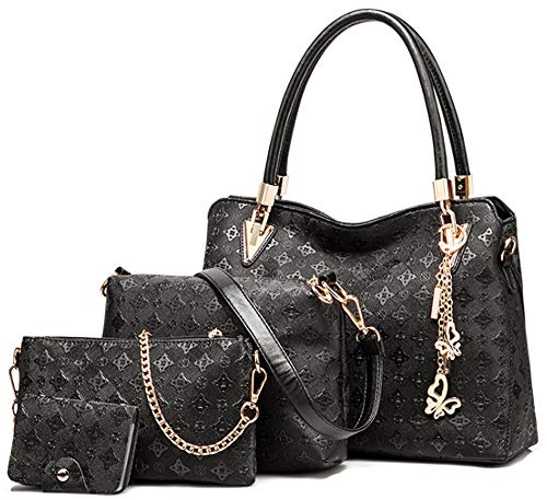 FiveloveTwo Damen Umhängetasche Schultertasche Henkeltaschen Quaste Drucken Handtasche 4-teiliges Set Geldbörse Shopper Taschen Clutches Kartenhalter Brieftasche