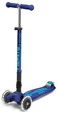Micro Kickboard Maxi Deluxe Scooter, faltbar, LED, 3 Räder, Lean-to-Steer, Schweizer Design, mit bewegungsaktivierten Leuchtrollen, für Kinder von 5-12 Jahren - Marineblau