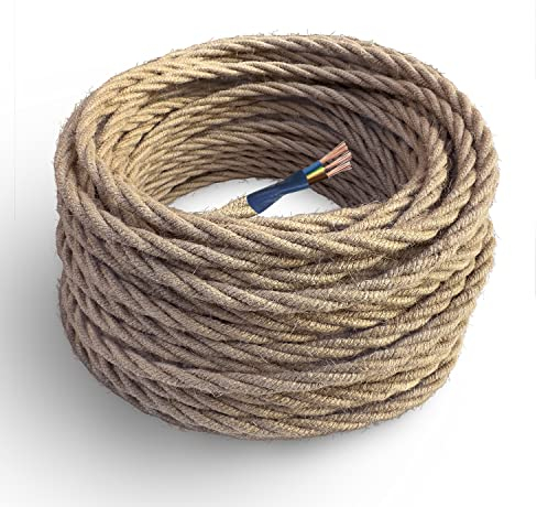 Amarcords - Textilkabel für Lampen Jute, geflochten, Jute, 3 Meter, mit Erdung 3x0,75 - Stoffkabel mit farbigem vintage Stoff überzogen für Kronleuchter, Wandlampen und Lampenschirme