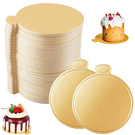 sinzau 100 Pcs Round Mousse Gold Cake Board, Reusable Gold Mini Cake Dessert Display Tray, Tray Cake Boards, Cake Drum, Mini Cardboard, Cake Bases for Wedding Birthday Christmas