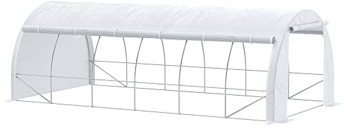 Outsunny Invernadero de Túnel de Jardín 6x3x2 m con Puerta y 12 Ventanas Enrollables de Polietileno 140 g/m² y Acero Galvanizado para Cultivos Plantas Flores Blanco