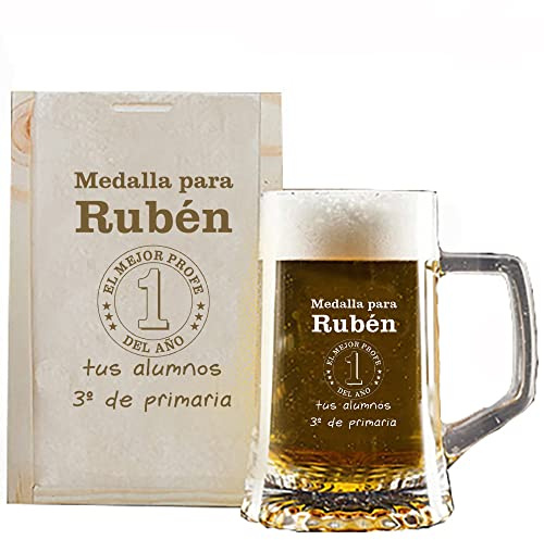 Boccale da birra con medaglia per il Meilleur Professor dell'anno, con scatola in legno incisa nome e firma del nome