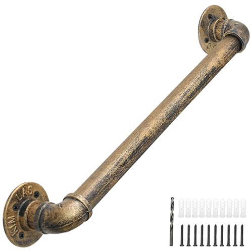 Rebala Wall Handrail 3FT/90CM,Industrial Staircase Railing 1.25 Inch Tube Diameter,Galvanized Pipe Handrail,Handrails for Indoor Stairs with Wall Mount Support for Indoor, Outdoor,Antique Brass