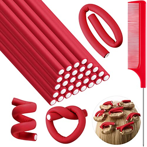 Syhood Flexible Weiche Schaum Lockenwickler, Kirschrot, 30 Stück | Twist Lockenwickler ohne Hitze, 1 Stahl Rattenschwanz Kamm, Für Damen Mädchen, Für Lang und Kurz Haar, 17,78 x 0,76 cm)