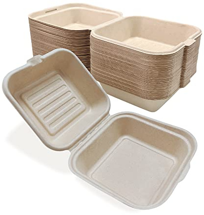 DISPOSABLE GREEN – Bagasse Clamshell Food Containers, Disposable Food Containers, Takeaway Boxes for Hot, Cold, Wet, & Oily Food, Unbleached Meal Prep Container, 15.5 x 15 x 5/8 cm, 50-Pcs