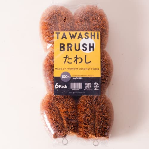 GrowByCoco Pack of 6 Tawashi Vegetable Scrub Brush, 100% Natural Coconut Coir Fiber Brush, Ideal for Fruit Scrub, Kitchen Cleaning Needs, Kamenoko Japanese Design