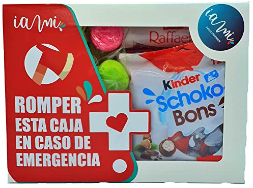 Caja Regalo Chocolates Kinder - Chuches - Jumper - Ferrero. KIT EMERGENCIA. +50 Unidades. Regalo Original de Chuches y Chocolatinas. Edicion Kit de Emergencia. [IAMI] | Envase blanco con ventana transparente | Huevo con sorpresa, nubes y crema de cacao | Primeras marcas
