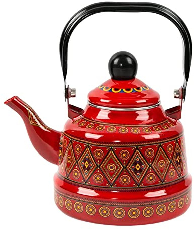 ＡＷＨＡＯ Bouilloire à thé émaillée de 2,5 L Pot à Eau Chaude Portable Vaisselle Design Classique émaillé Bouilloire sans Sifflement pour cuisinière pour, Rouge Style A