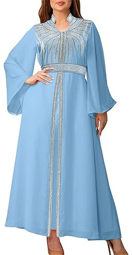 DOTBUY-SHOP Muslimisches Kleid Damen Ohne Hijab Muslim Sommerkleid Lange Robe Heißbohrprozess Naher Osten Dubai Türkei Arab Islamischer Ramadan Gebetskleidung Abaya für Frauen