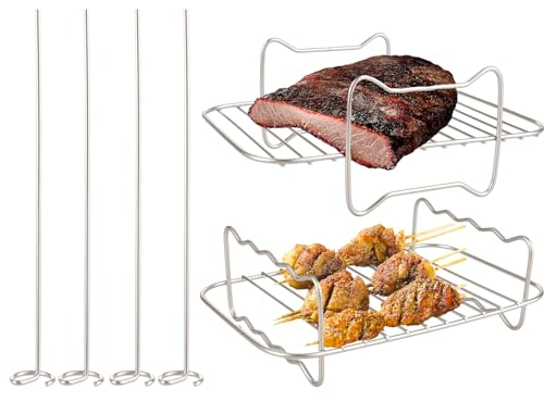 APACALI 2 Stück Heißluftfritteuse Grillrost，Air Fryer Zubehör Rack Edelstahl Heißluftfritteuse Set mit 4 Grillstäbchen，Edelstahl Dual Heißluftfritteuse Zubehör für Air Fryer Zubehör