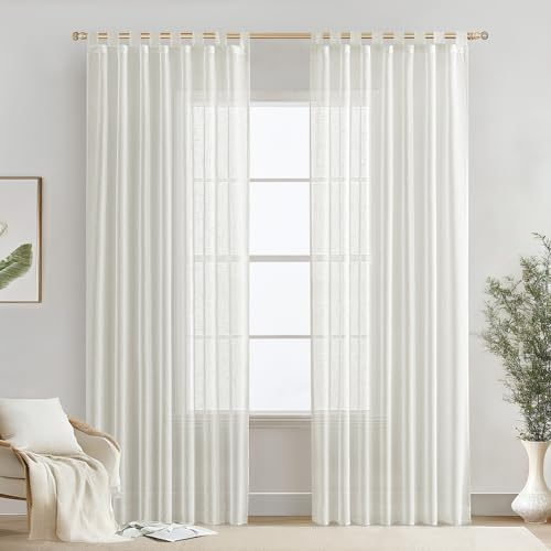 MIULEE 2 Piezas Visillos Cortinas Translucida Efecto Lino con Trabillas para Salón Ventana Habitación Dormitorio 140x245cm，Blanco