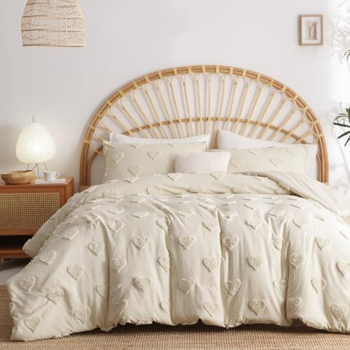 Lanqinglv Boho Bettwäsche 135x200 Beige Herzen Getuftet Exquisite Stickerei | ÖKO-TEX Zertifiziert,Aesthetic Bettwäsche für Allergiker,4 Jahreszeiten Set,Bettbezug 1 Kissenbezüge 80x80 mit Reißverschluss