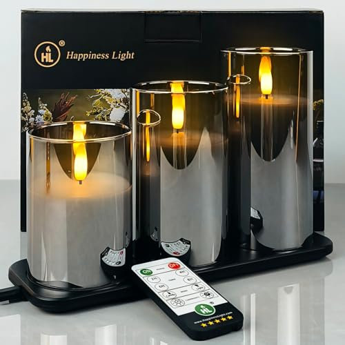HL Wiederaufladbare flackernde flammenlose Kerzen, Grau Glas realistische LED batteriebetriebene Kerzen mit Fernbedienung Timer Säulenkerzen für Festival Weihnachten Home Decor 3 Stück