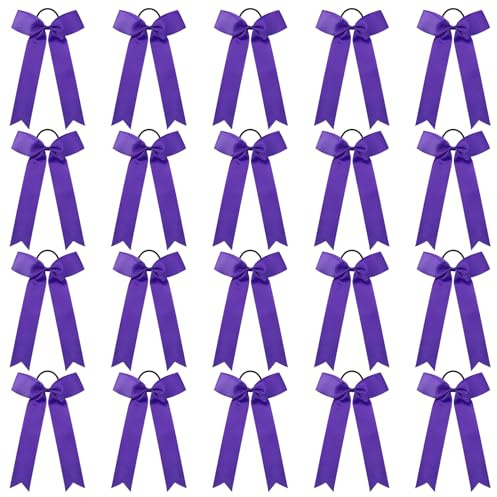 CEELGON 20 PCS College Style Cheer Bows - Collegiate Long Tail Skinny Cheer Bow Elastic Hair Ties for Teens Girls Softball Competition Sports Cheerleaders (Purple)