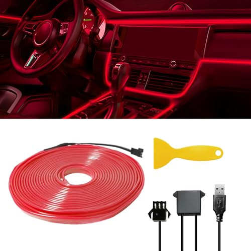 Striscia Luminosa a LED per Interni Auto con Filo EL Strisce Luminose per Cruscotto Auto Luci Decorative a LED Illuminazione d'Atmosfera per Auto Illuminazione d'Ambiente 5V USB (5M/16.5FT, Rosso)
