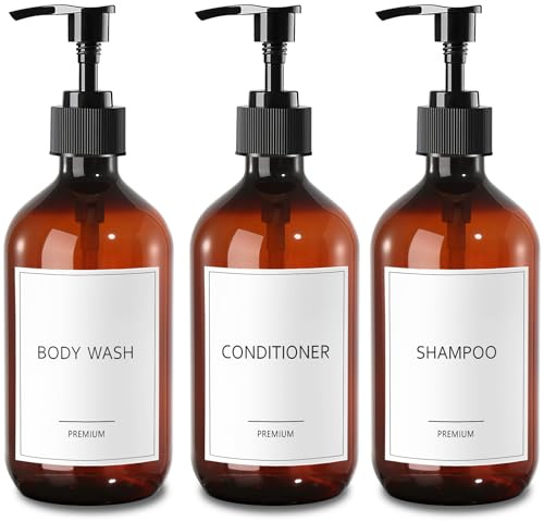 GMISUN Shampoo and Conditioner Dispenser, Plastic Amber Shower Bottles | 3 Pcs 500ml Bathroom Pump Bottle Dispenser, Modern Shower Gel Dispenser, Refillable Shampoo Conditioner Body Wash Bottles