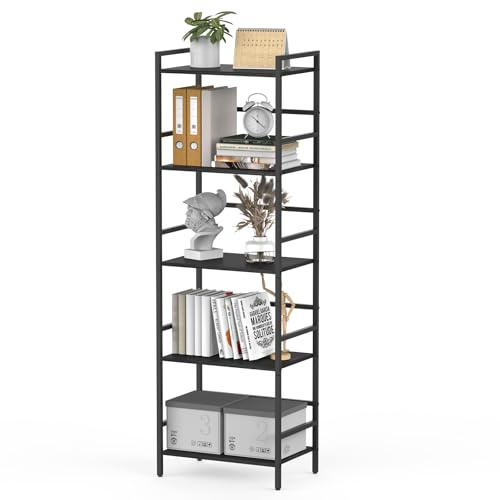 CADUKE 5-stufig Bücherregal, Großes Schwarzes Standregal, Holzregal mit Metallrahmen, Offenes Aufbewahrungsregal im Industrie-Stil für Wohnzimmer, Schlafzimmer, Büro, 43 x 28 x 134 cm
