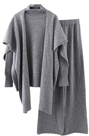 3-teiliges Strickset für Damen, Rollkragenpullover, hohe Taille, lange Hose, Winterkleidung, grau, Einheitsgröße