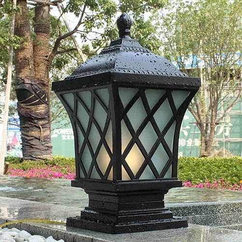 Kikioo Modern Black Die-cast Aluminum Post Pillar Lamps American Country Outdoor Square Column Lamps Exterior Glass Waterproof Lawn Lamps Pedestal Lamp Garden Bollard Entrance Patio Light Fixture E27