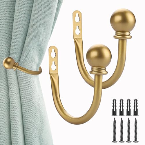 Sumnacon Set of 2 Decorative Curtain Holdbacks, Wall Mounted Aluminum Alloy Window Drapery Tiebacks for Bedroom, Livingroom Office Come with Screws, Gold