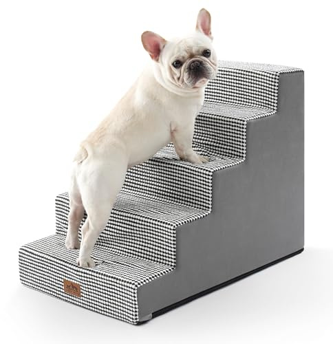 COZY KISS Hundetreppe für Kleine Hunde, 5 Stufen Breiter Haustiertreppe | Katzentreppe mit abnehmbarem bezug, 60cm hoch, 30D hochdichtem schaumstoff,für bett couch auto,rutschfester boden,White Black