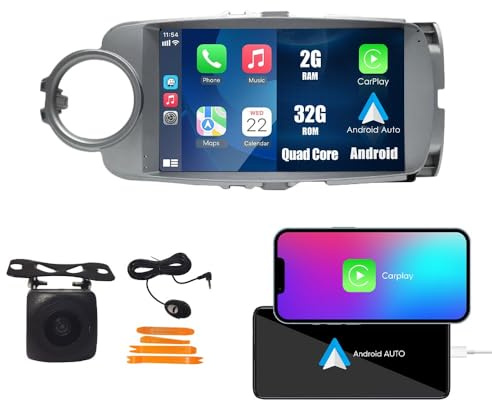 CarPlay Android Auto Navigazione Stereo GPS Radio Telecamera retromarcia Display 9 IPS Quad Core 2G+32G Touchscreen Headunit Tablet Pad Lettore multimediale per Toyota Yaris 2012-2017