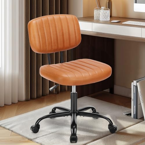 DUMOS Armless Small Home Office Desk Chair - Vanity Task Chair with Low Back, Height Adjustable PU Leather Swivel Computer Chair with 360° Rolling Wheels, Vanity, Bedroom, Deep Brown