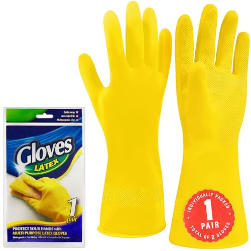 SteadMax Latex Cleaning Gloves (1 Pair), Reusable Rubber Dishwashing Gloves, Waterproof Household Kitchen Glove, Non-Slip Protective Washing Up Mitt, Yellow (Medium, 1 Pack)