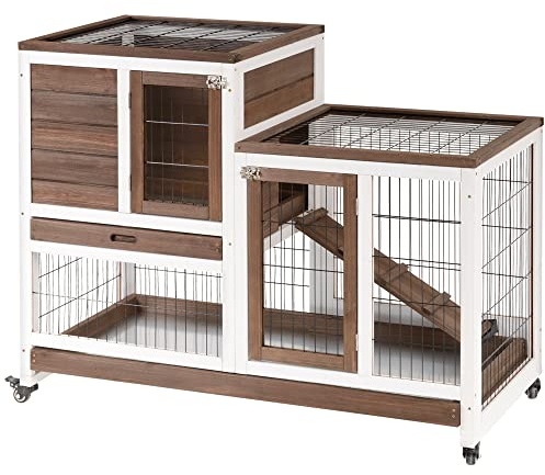 PawHut Conejera de Madera de 2 Niveles Jaula para Conejos con Ruedas Puertas Zona Abierta Rampa y 2 Bandejas Extraíbles Conejera para Interior 110x50x88 cm Marrón