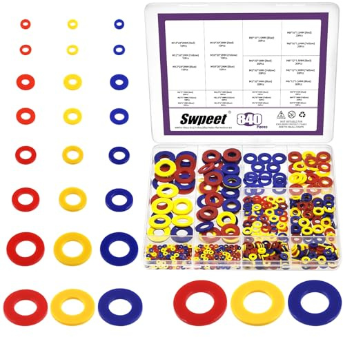 Swpeet 840 pièces 3 couleurs M2 M2.5 M3 M4 M5 M6 M8 M10 M12 Assortiment de rondelles plates en nylon coloré pour automobile, électrique, plombier