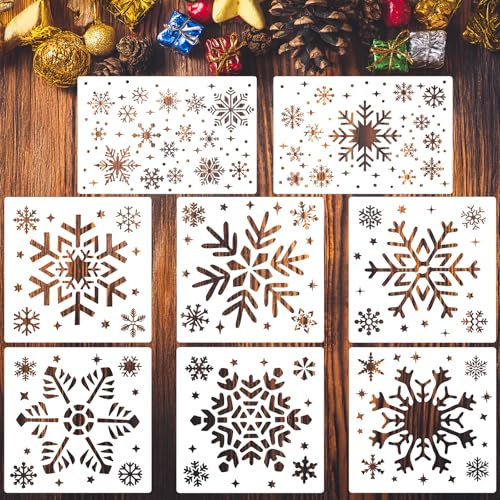 8 Stück Weihnachts Schneeflocken Schablonen,Wiederverwendbare Weihnachtsbasteln Schablone,Schneemann Schablonen zum Malen auf Holzwand Wohnkultur Wandschablone (Schneeflocke)