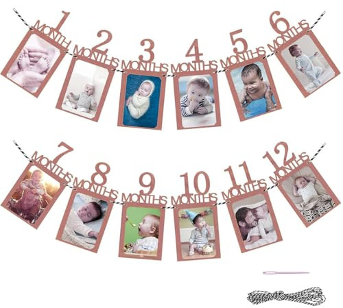 YUVKIN Foto Banner 1 a 12 Mesi, Ghirlanda 12, Primo Anno Bimba, Striscione Fotografico 1 Anno, Allestimento Addobbi Bambini, Festoni, Compleanno Bimbo, Decorazione da Parete in Carta Kraft (Marrone)