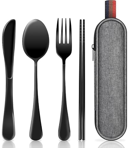 HHZalvyre Stainless Steel Cutlery Set for 1 Person, Portable Travel Utensils with Case, 4-Piece Camping Set with Knife Fork Spoon & Metal Chopsticks, Reusable Black Cutlery Set for Work Lunch (Black)