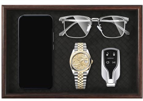 GREATRICH Vaciabolsillos, 30x20x3.5cm Bandeja Llaves Madera con Base de Cuero, Organizador Entrada y Bandejas Decorativas para Llaves, Teléfono, Reloj y Gafas, Bandeja Organizadora para Mesilla