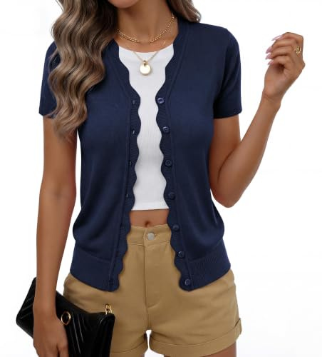 Yommay Chaqueta de punto de manga corta para mujer, cuello en V, punto de | Cárdigan de punto para mujer, ligero, elegante, informal, cuello ondulado, corte ajustado, suéter clásico de punto, suave