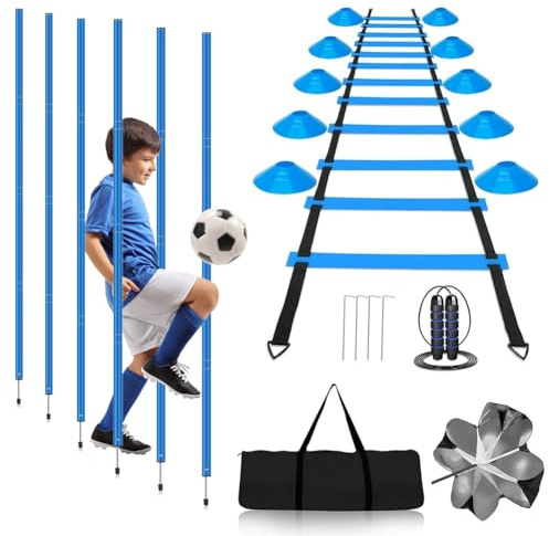 Wapasezyar Set da allenamento per calcio, 6 aste slalom, scala di coordinazione 6 m, 12 cappelli, corda per saltare, paracadute di resistenza, set completo per allenamento di coordinazione