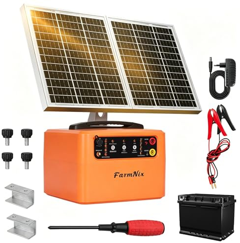 48KM Solar Weidezaungerät, Elektrischer Weidezaun mit 0,3 J–1,5 J, 6 KV–12 KV Einstellbares, schlagstarkes Elektrozaungerät mit 15W-Solarpanel, Integrierter 12V 7Ah Blei-Säure-Batterie für Bauernhöfe