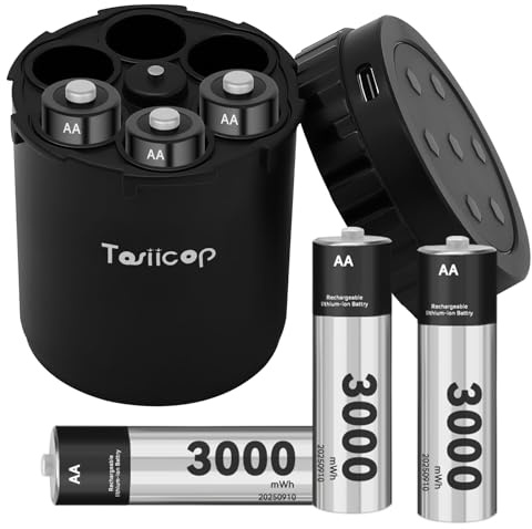 Tosiicop AA Akkus Wiederaufladbar mit Ladegerät - 1.5V 3000mWh Wiederaufladbar Lithium Batterien AA Hohe Kapazität Aufladbare Batterien AA 2.5 Stunden Schnellladung 6 Stück (6X AA + Ladegerät)