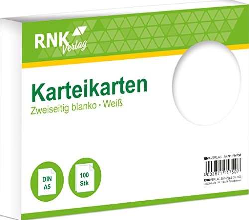 RNKVERLAG 114750 - Karteikarten blanko weiß, DIN A5, 1 Packung à 100 Karten