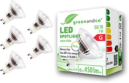 5x greenandco® CRI 90+ 3000K 36° LED-spot ersätter 62W GU10 halogenstrålkastare, 7W 450lm varmvit 230V AC, flimmerfri, inte dimbar